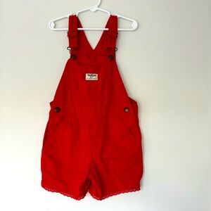 OSHKOSH Shortalls Red Denim Jean Overalls, Lace Trim, Toddler 5T